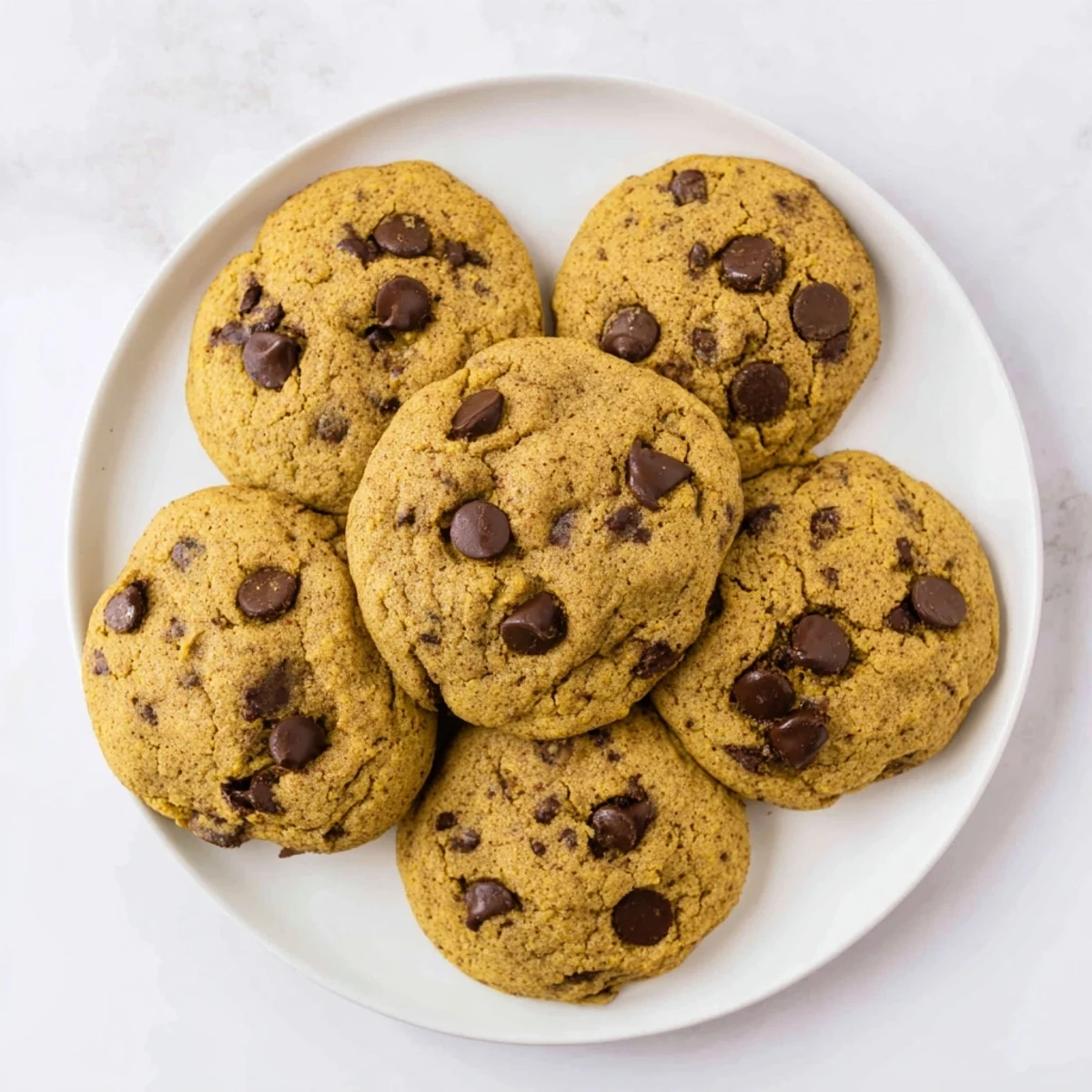 Stack of soft pumpkin spice chocolate chip cookies with visible spice flecks and gooey chocolate chunks