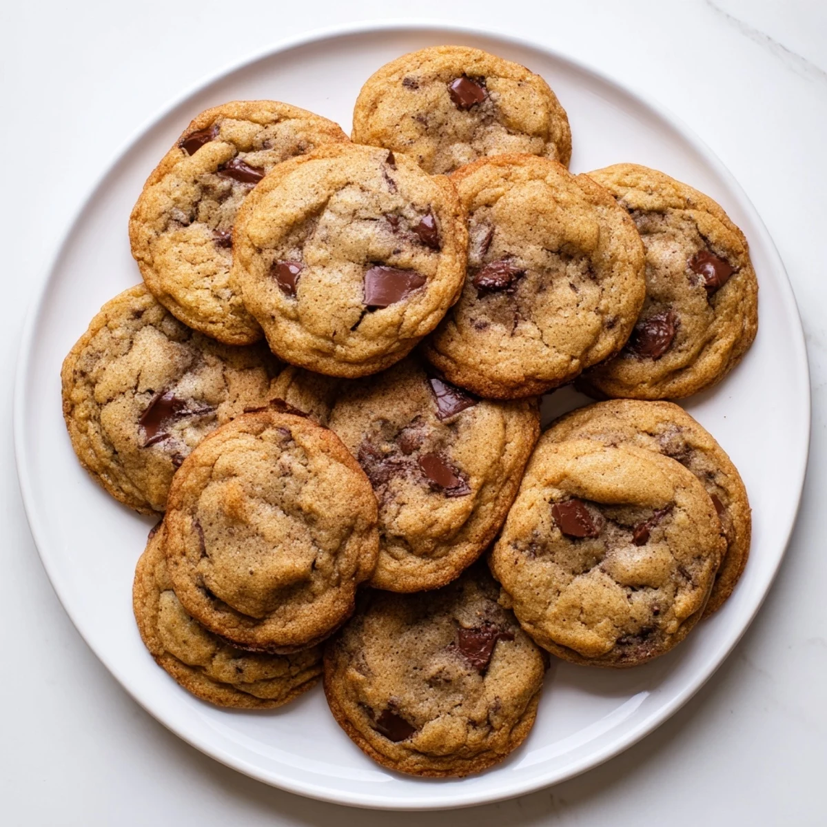 Golden pumpkin spice chocolate chip cookies on a wooden board, featuring soft centers and melty chocolate chips
