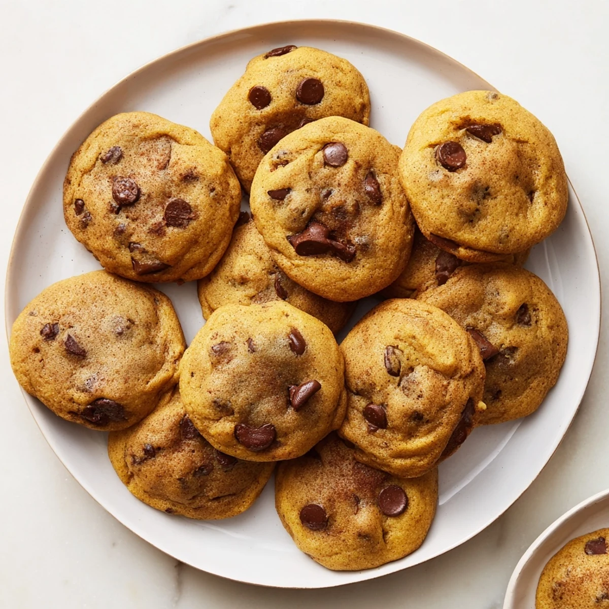 Freshly baked pumpkin spice chocolate chip cookies cooling on a wire rack with slightly crisp edges