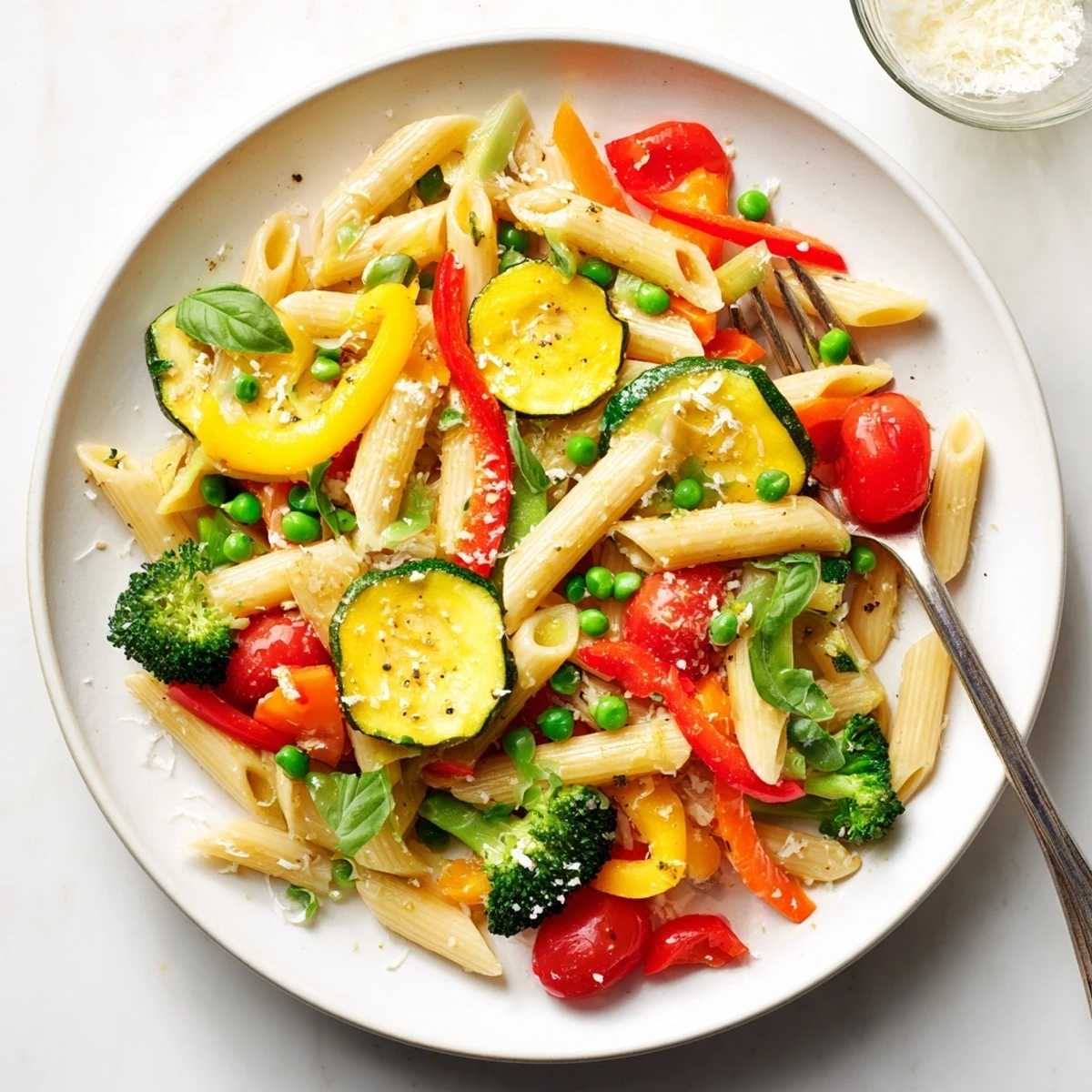 Colorful pasta primavera bowl featuring crisp vegetables and parmesan in a light lemon sauce