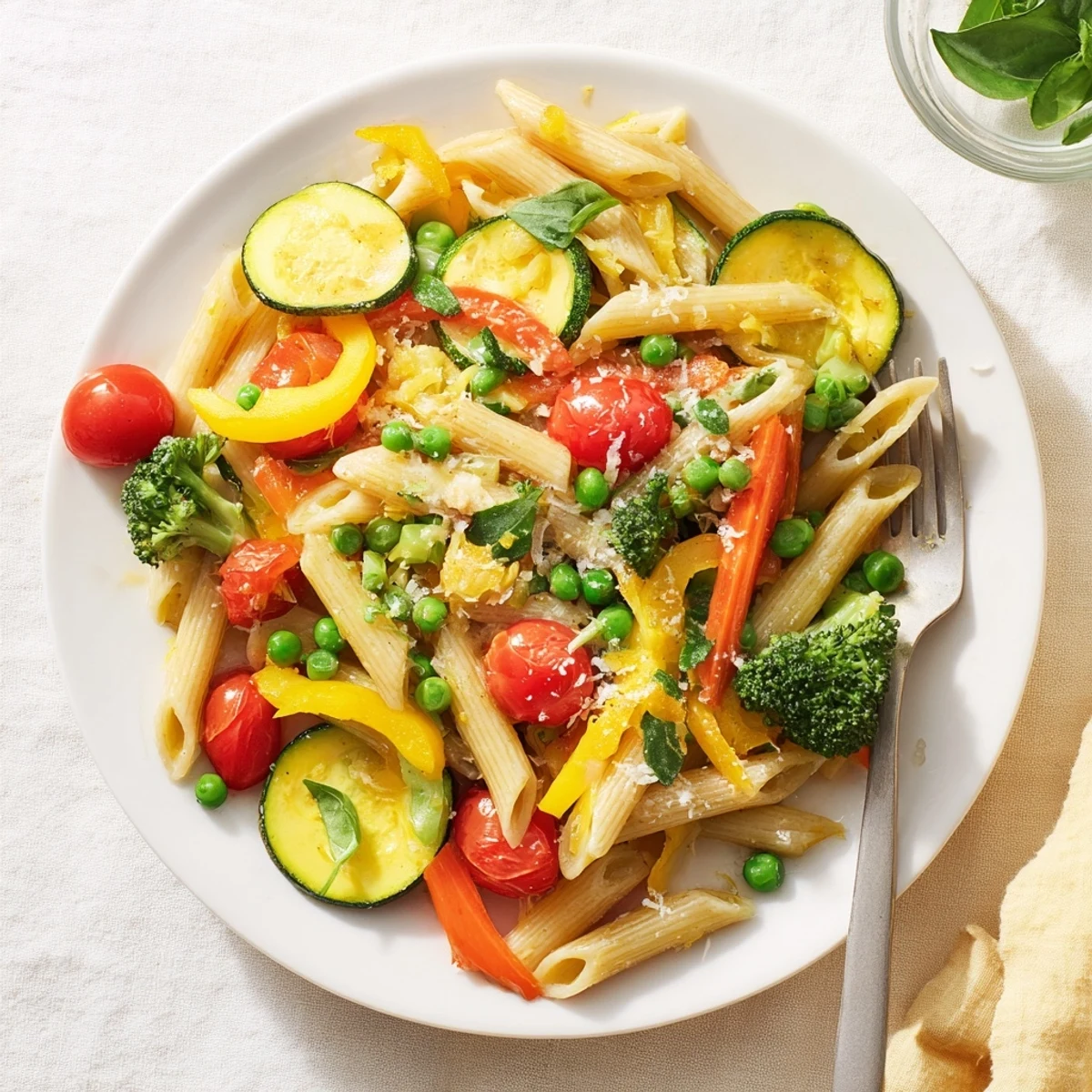 Al dente pasta primavera with roasted zucchini, bell peppers, and cherry tomatoes in olive oil