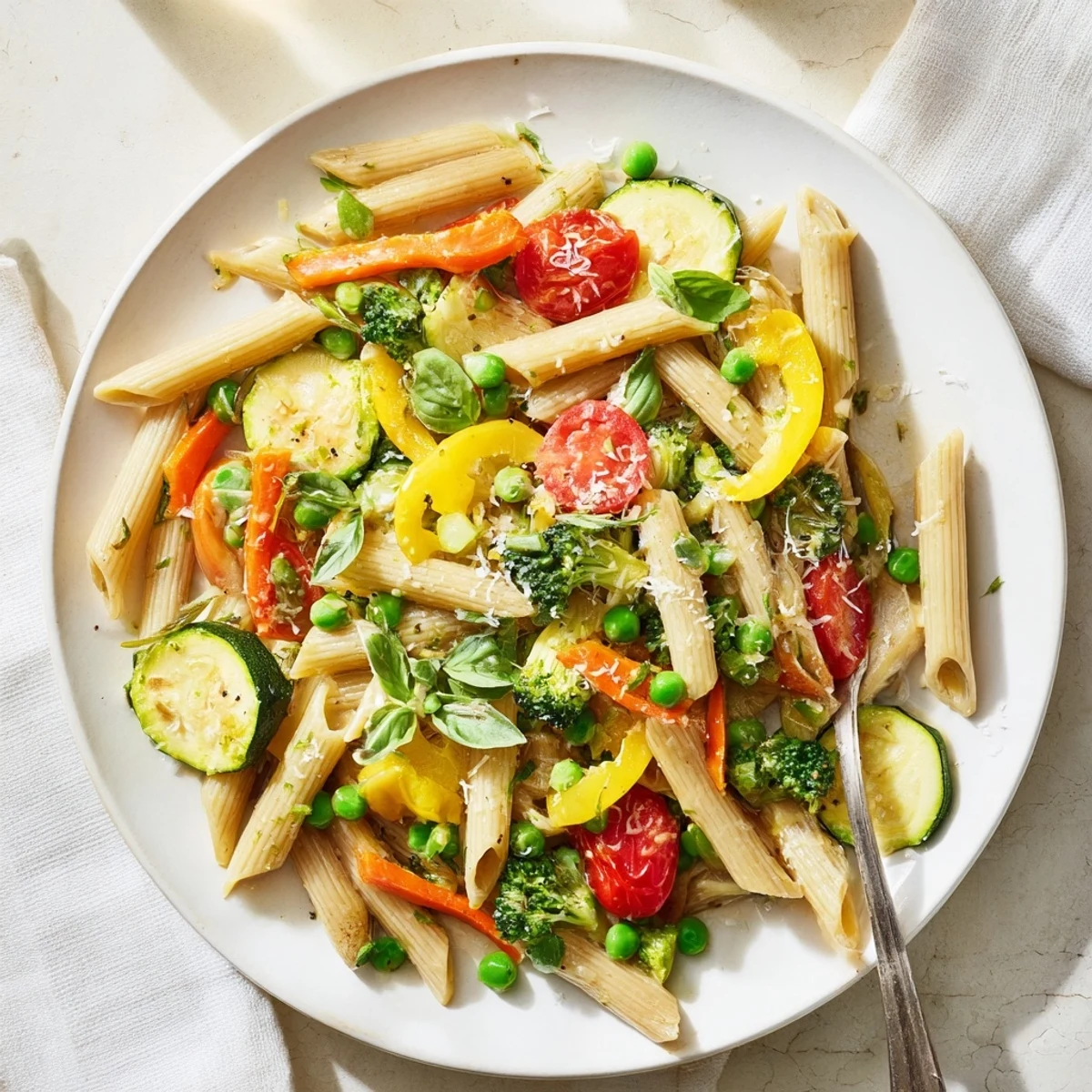 Fresh pasta primavera tossed with vibrant spring vegetables and fragrant basil on a white plate