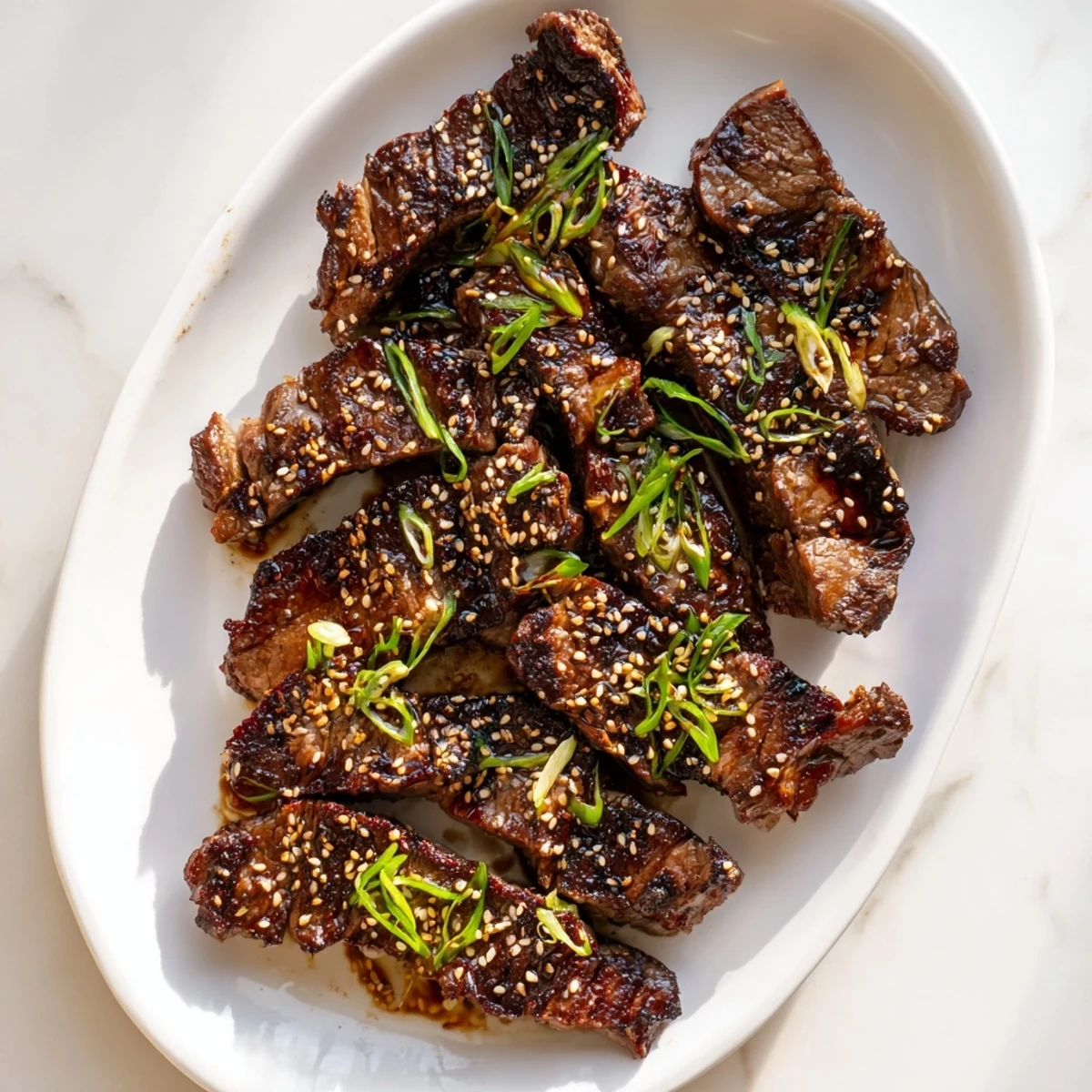 Platter of Korean Galbi grilled ribs showcasing caramelized char marks and tender meat