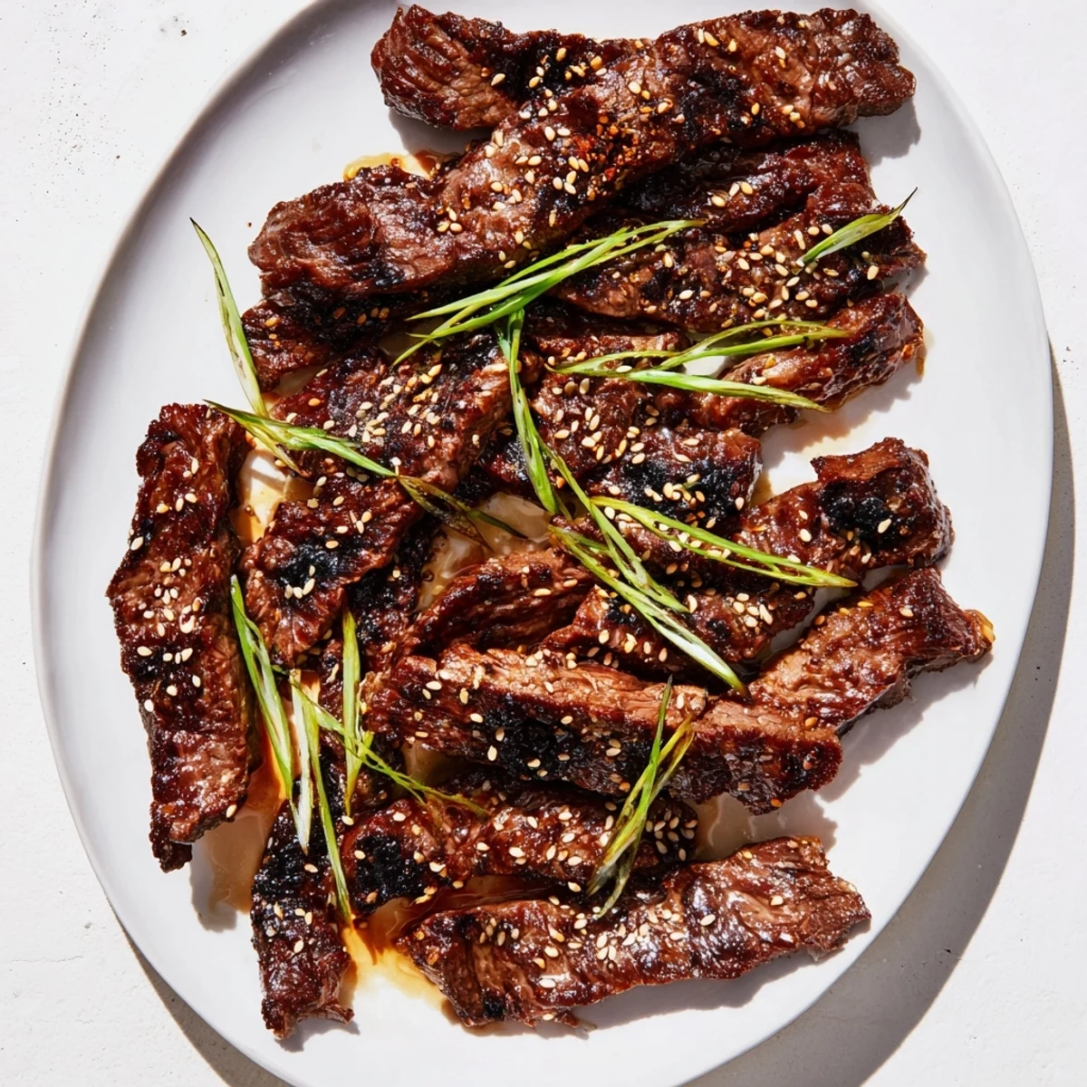 Golden Korean Galbi ribs arranged on serving plate with scallions and smoky grill lines