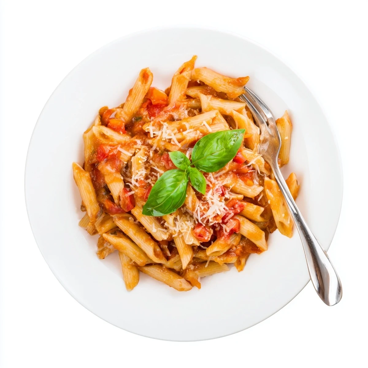 Golden penne pasta tossed in vibrant garlicky tomato sauce with fresh basil sprinkles