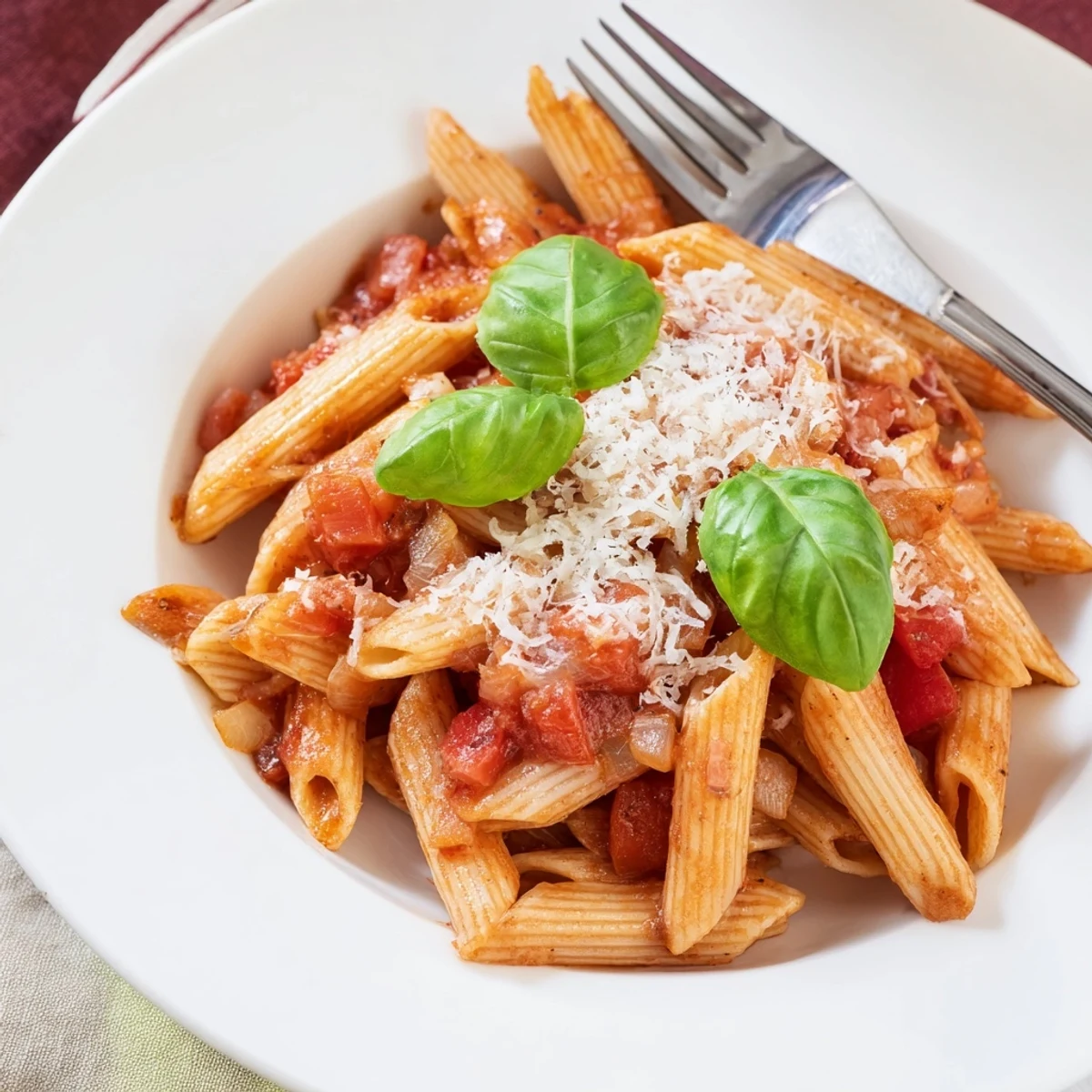 Al dente penne pasta with melted parmesan served in rustic white ceramic bowl