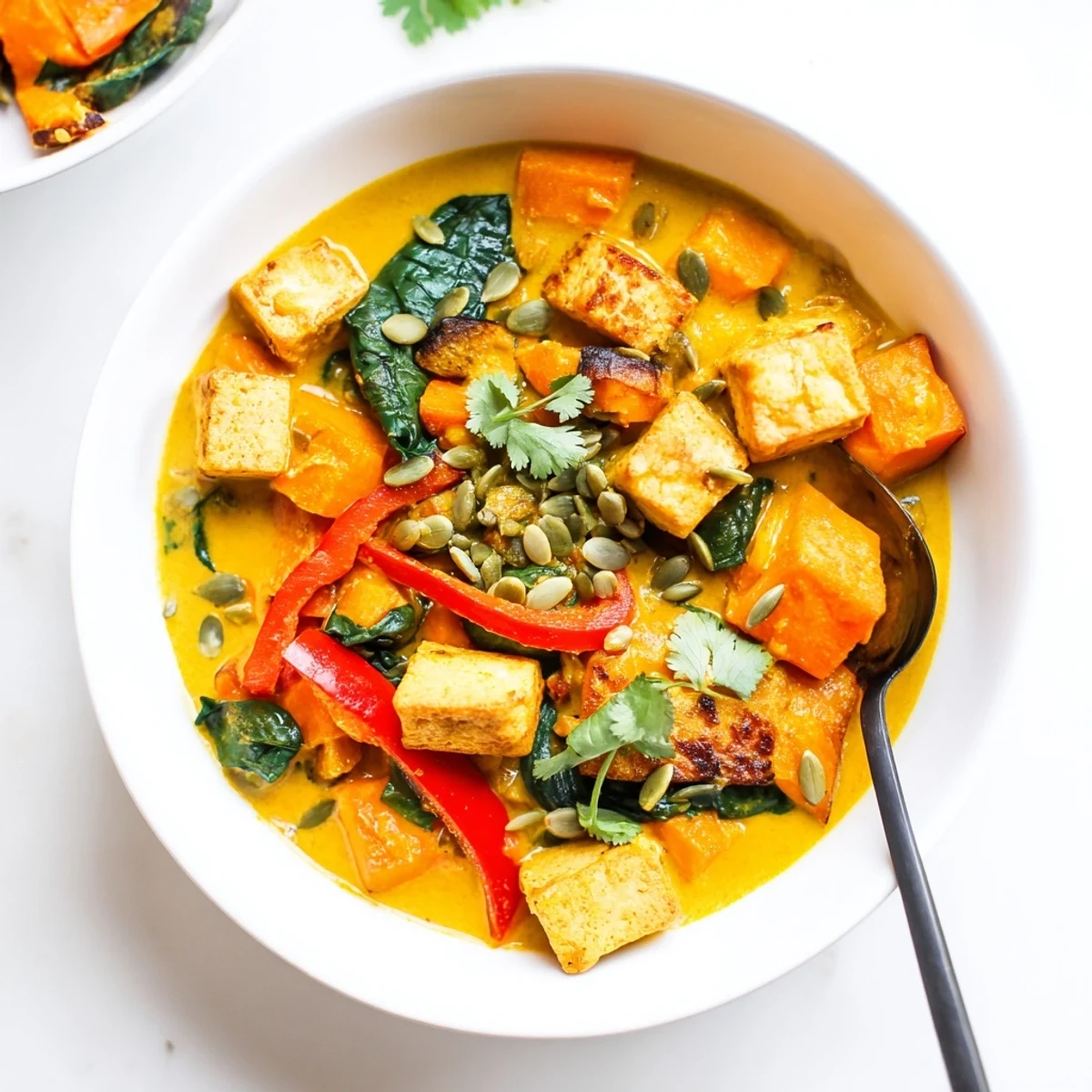 Golden pumpkin cubes and crispy tofu floating in rich coconut curry sauce
