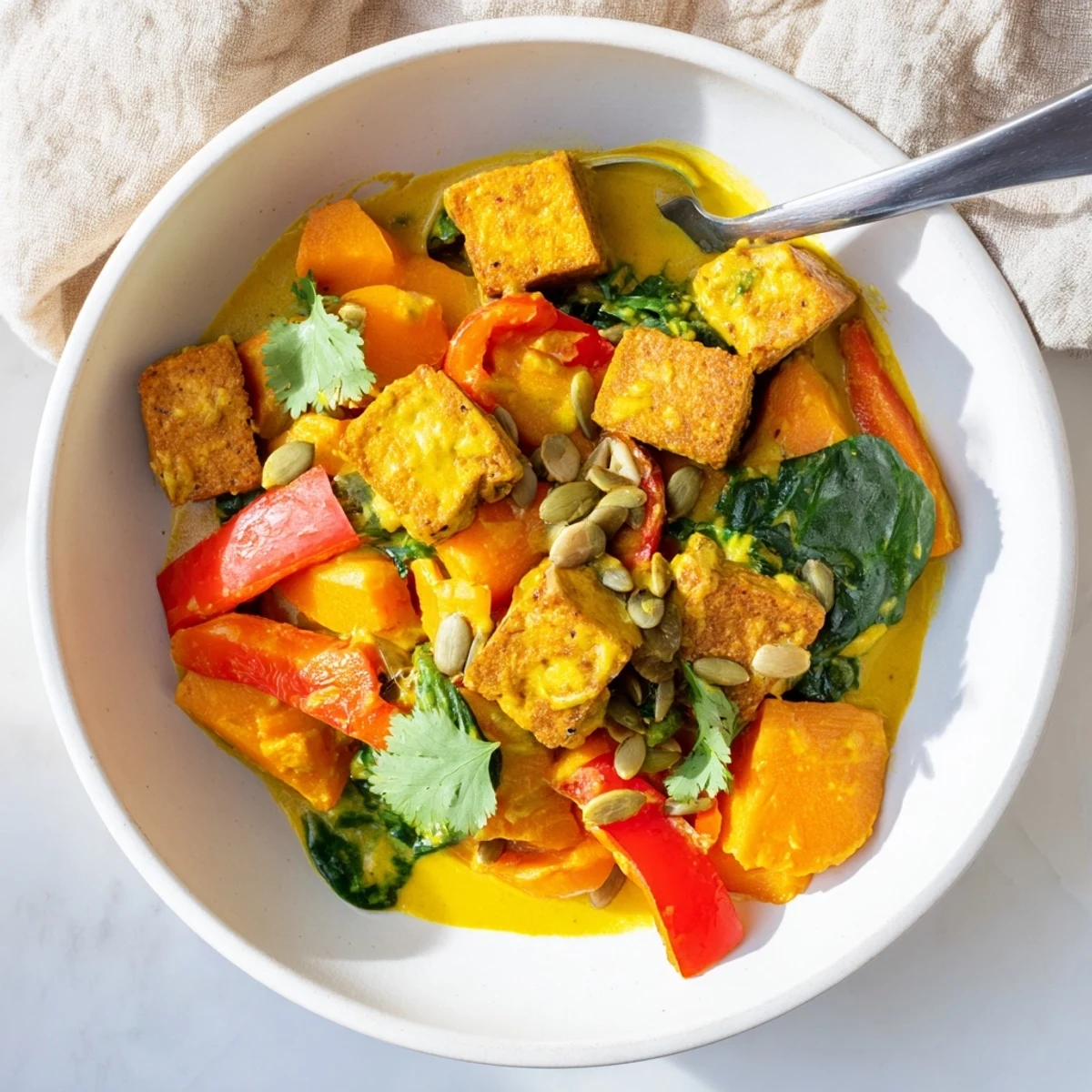 Bowl of vegetarian pumpkin tofu curry topped with fresh cilantro and spinach