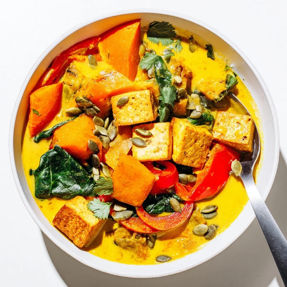 Creamy Indian-inspired vegetarian pumpkin tofu curry served over fluffy white rice