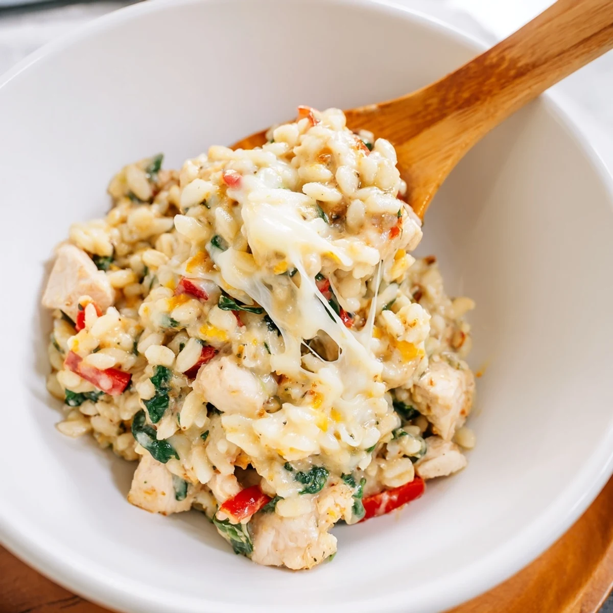 Creamy thirty minute cheesy chicken risoni skillet topped with melted mozzarella and fresh parmesan