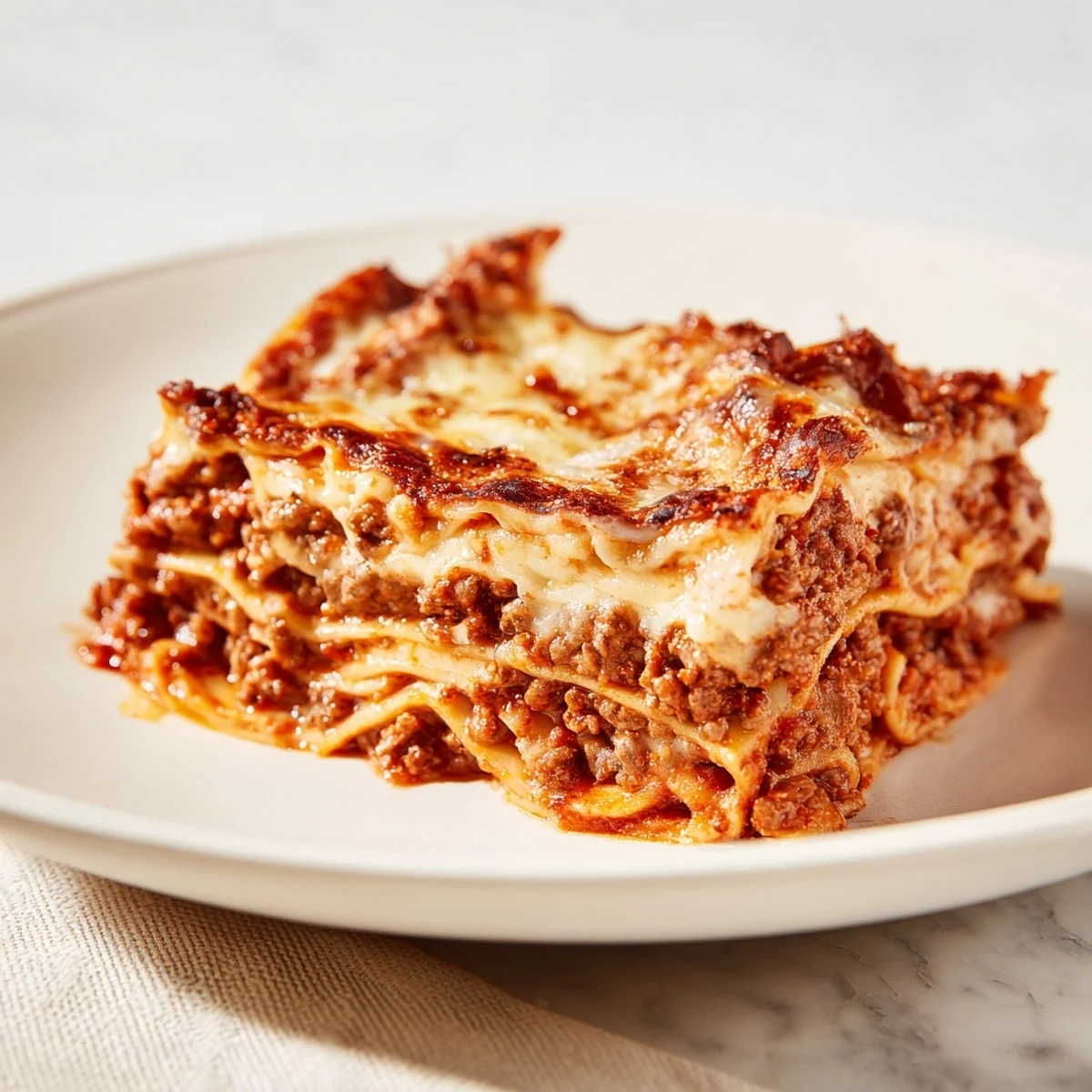 Steam rising from baked Classic Beef Lasagne with melted mozzarella on a white plate