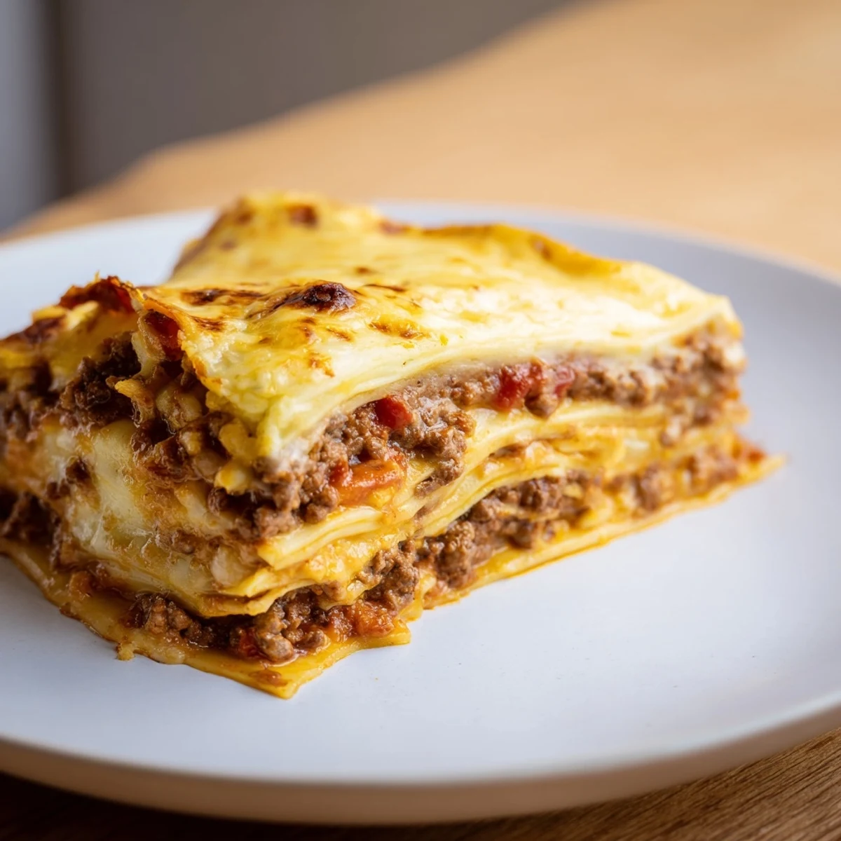 Golden brown Classic Beef Lasagne with bubbling cheese and rich meat sauce layers