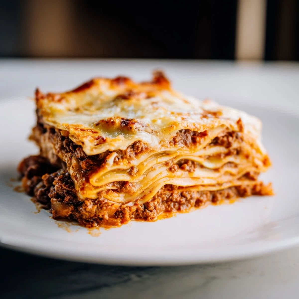 Sliced square of Classic Beef Lasagne revealing beef ragu and creamy white bechamel layers