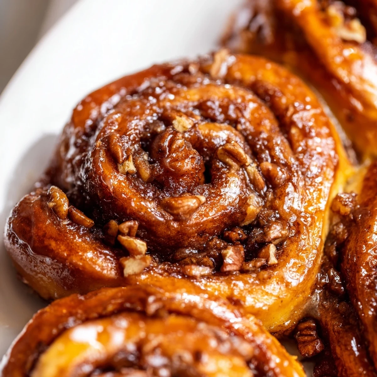 Golden Vietnamese cinnamon date sticky buns with glossy caramel glaze drizzling down the sides