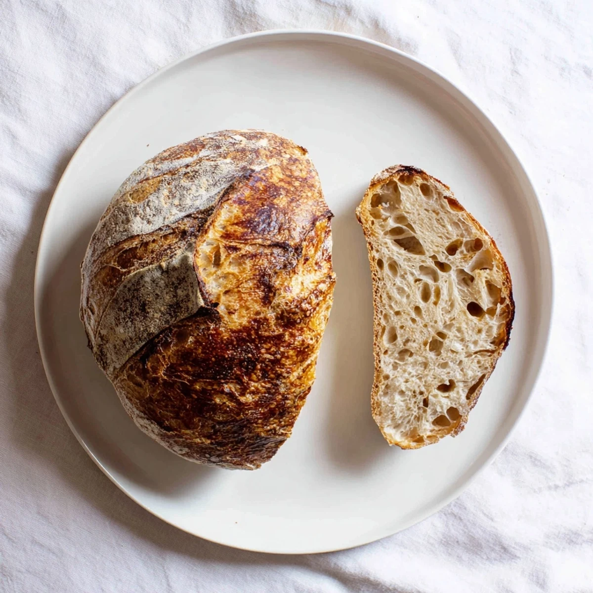 Golden brown artisan crusty bread with crackling exterior and airy chewy interior