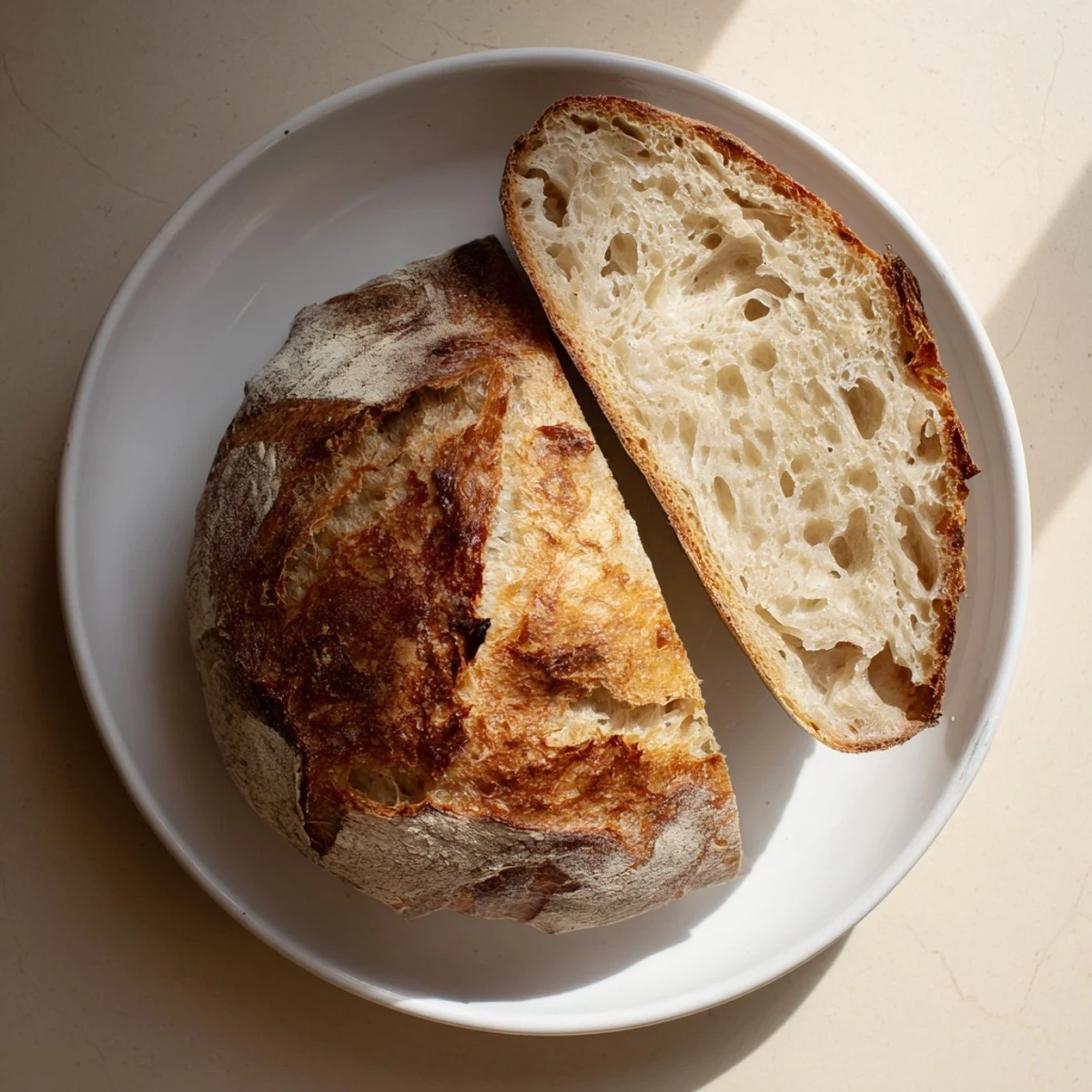 Rustic homemade crusty bread with bubbly crumb texture perfect for soups and sandwiches