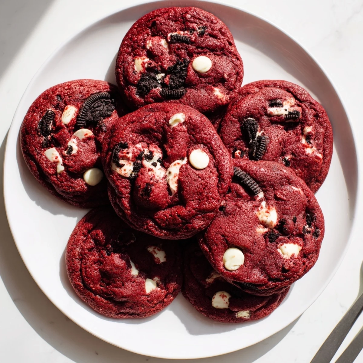 Soft red velvet Oreo cookies stacked on a white plate with visible white chocolate chips