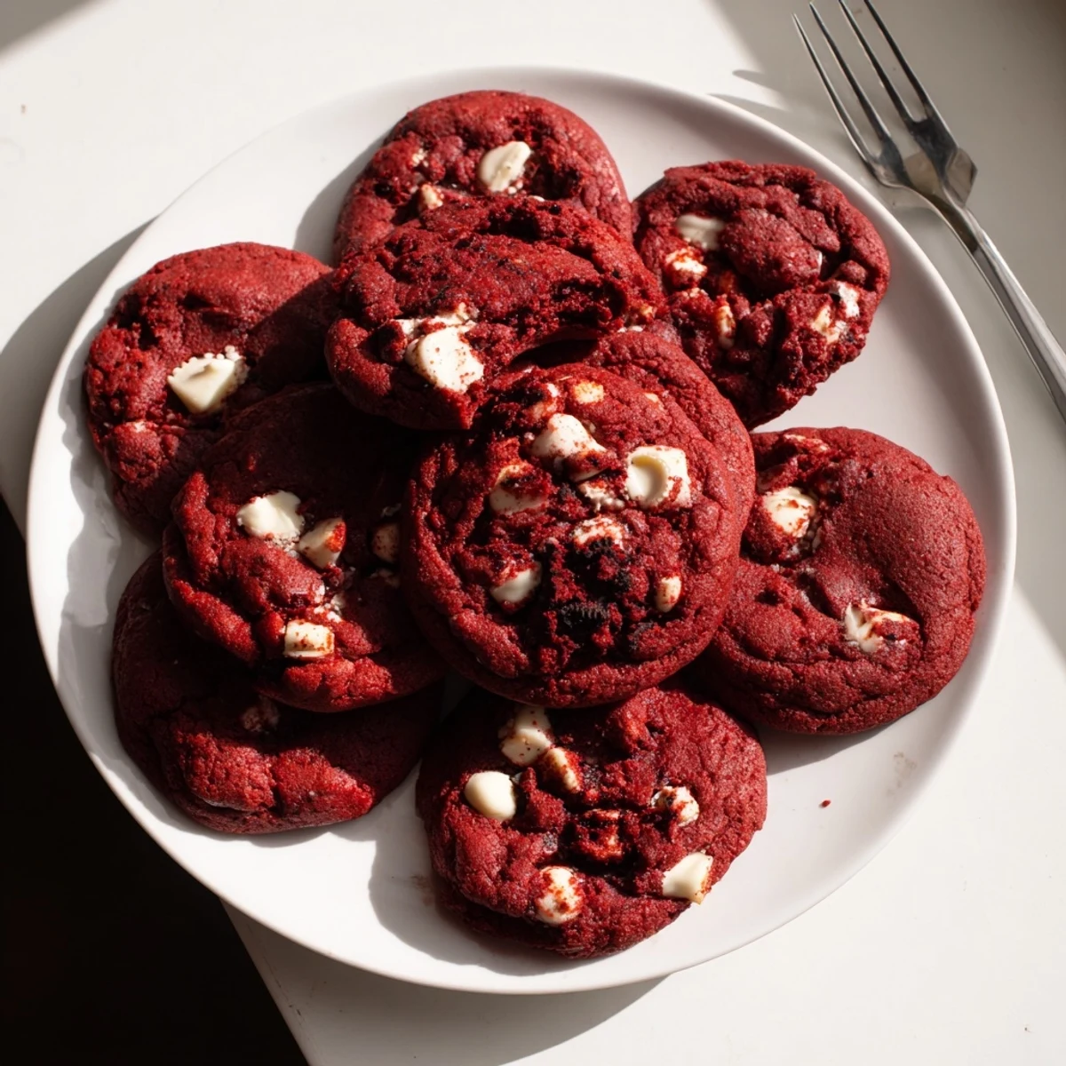 Chewy red velvet Oreo cookies fresh from the oven with golden edges and chocolate chunks