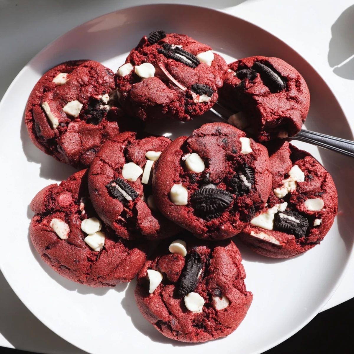 Close-up of red velvet Oreo cookies showing cream-filled Oreo pieces and white chocolate throughout