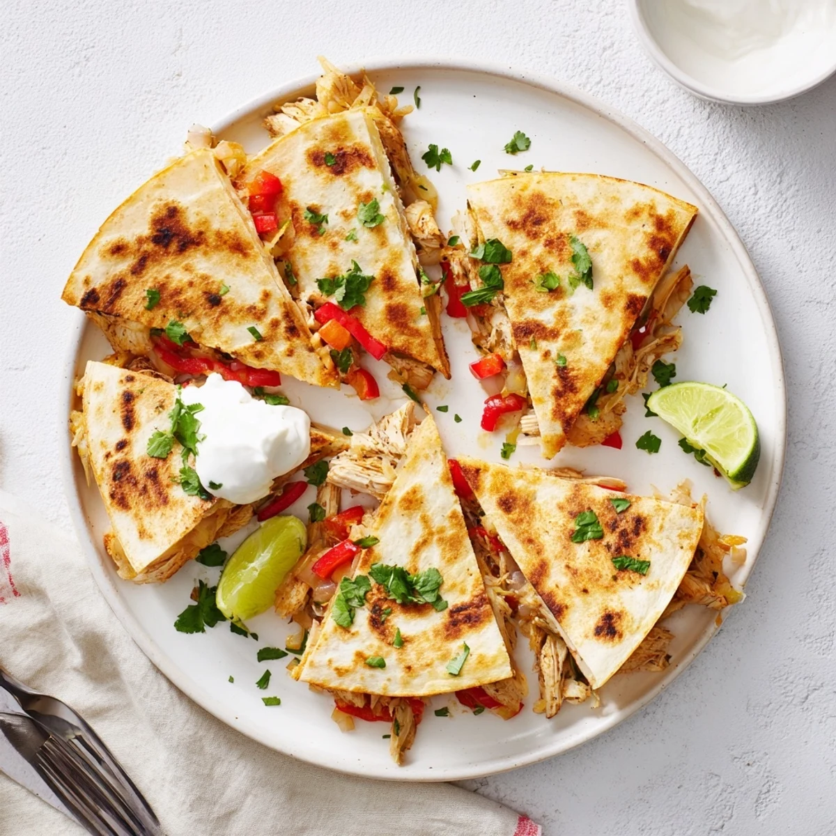 Half-moon shaped quesadillas with seasoned chicken and peppers cut into wedges ready for dipping