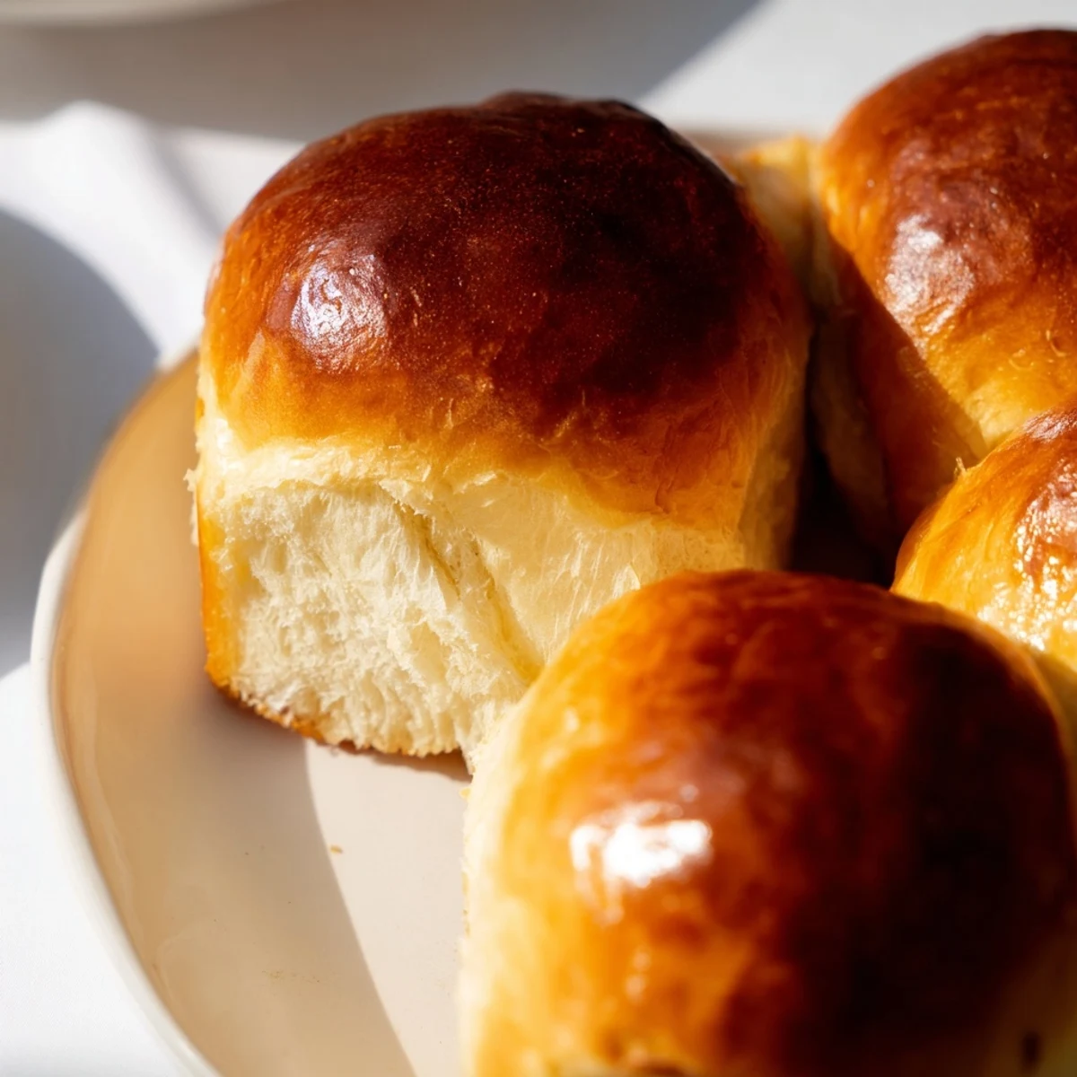Freshly baked Buttery Bliss Brioche rolls with shiny tops, ready for breakfast or dinner