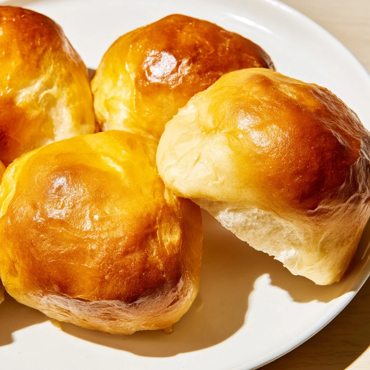 Soft, pillowy Buttery Bliss Brioche rolls pulled apart, revealing tender interior and flaky crust