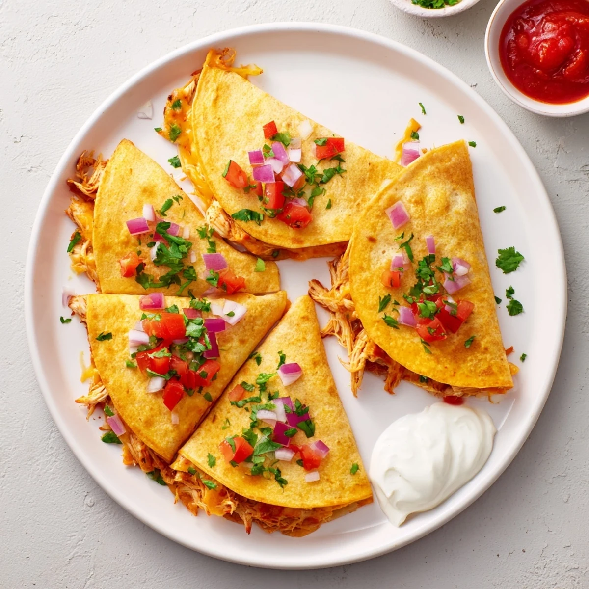 Golden chicken quesadillas sliced into wedges revealing melted cheese and colorful peppers