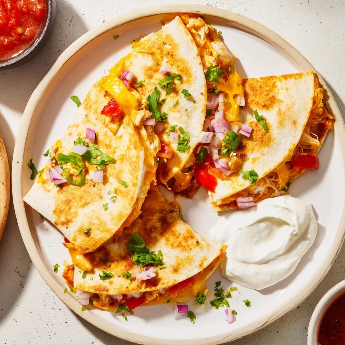 Savory chicken quesadillas pan-fried to perfection with bell peppers and melted cheese