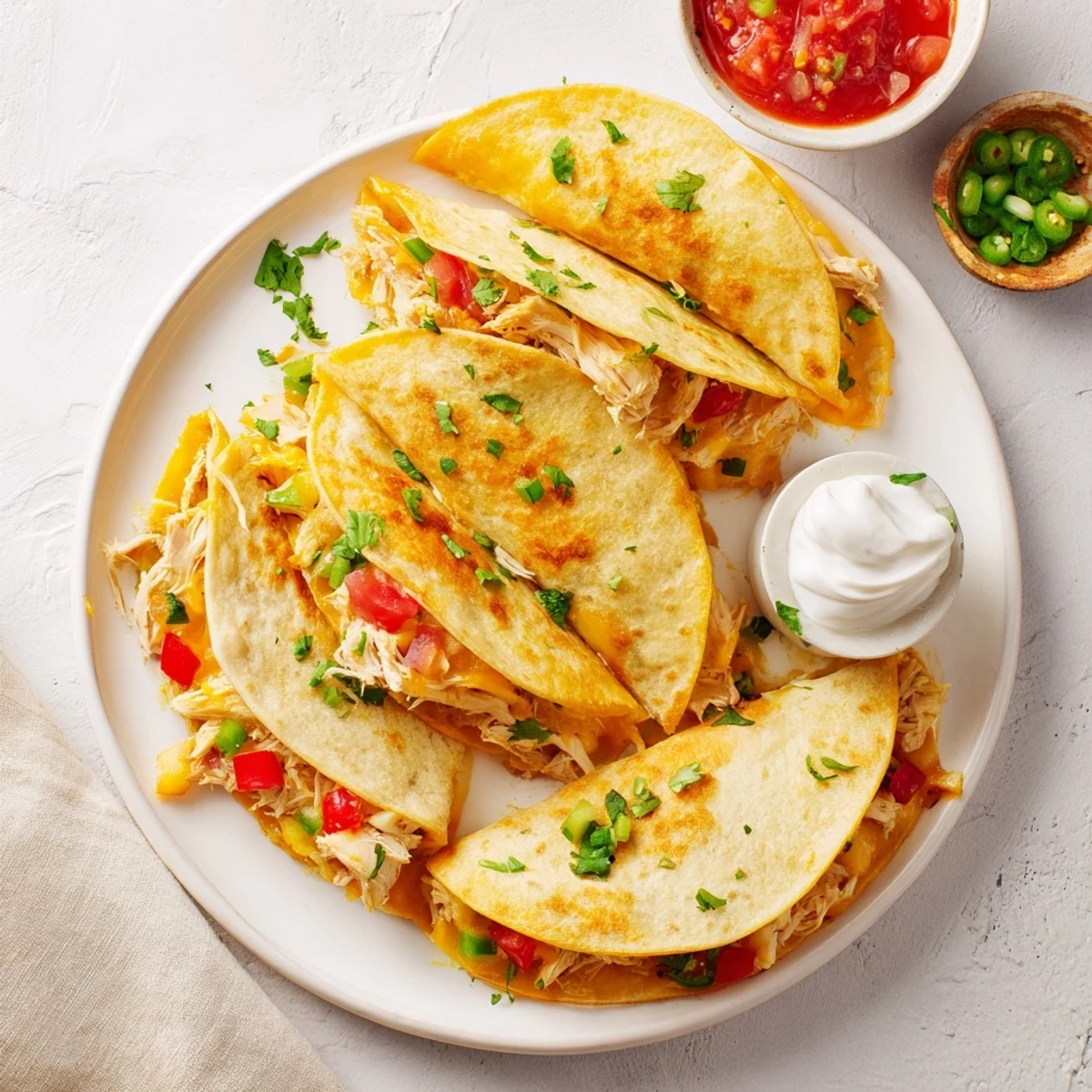 Crispy flour tortillas stuffed with seasoned chicken quesadillas and gooey cheddar cheese