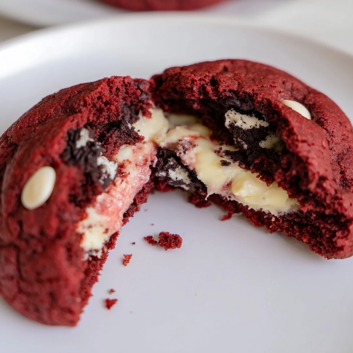 Chewy red velvet cookies with white chocolate chips and crushed Oreo centers cooling on wire rack