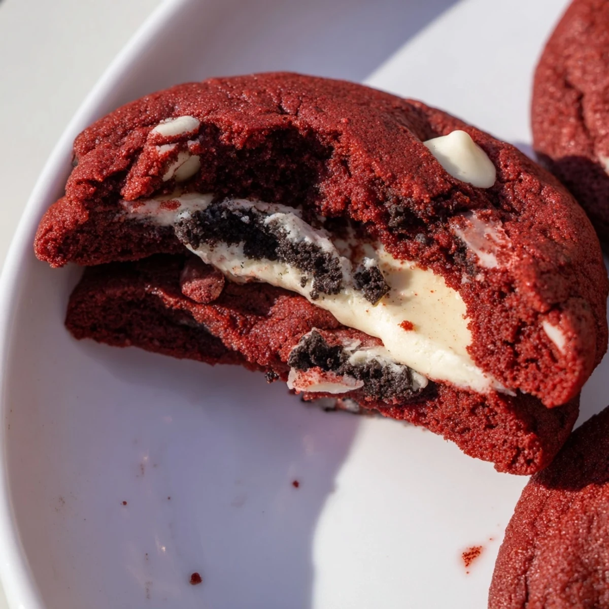 Stack of rich red velvet Oreo cookies showcasing white chocolate chips and dark cocoa swirls