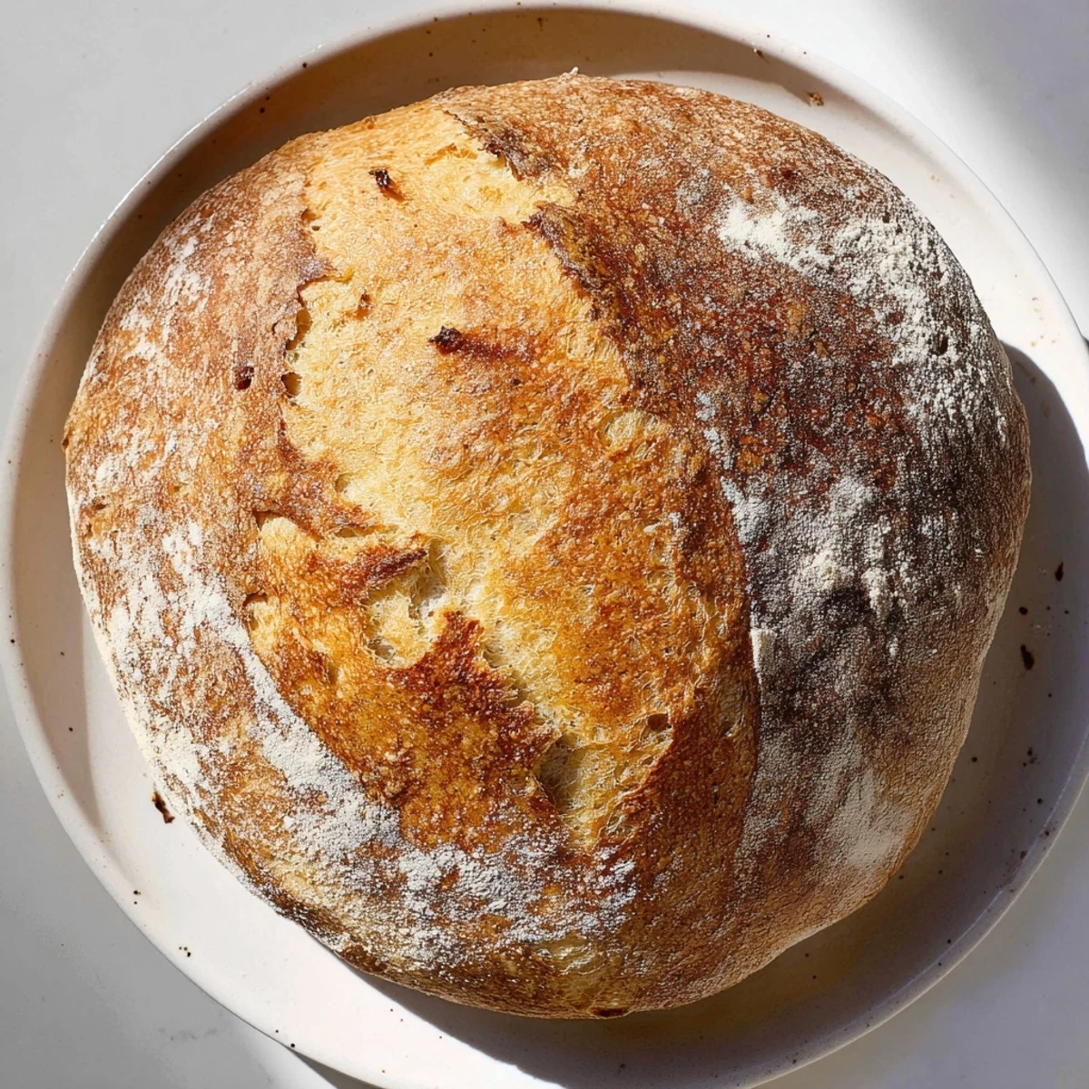 Rustic homemade no knead bread broken open revealing soft airy crumb texture
