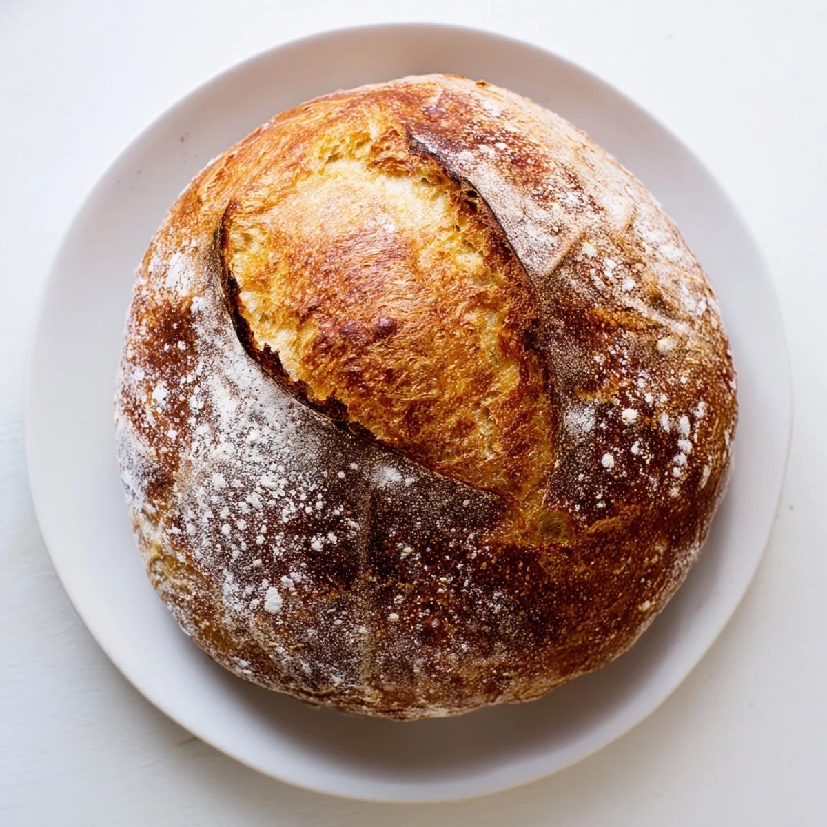 Sliced artisan no knead bread served on wooden board with flour-dusted crust