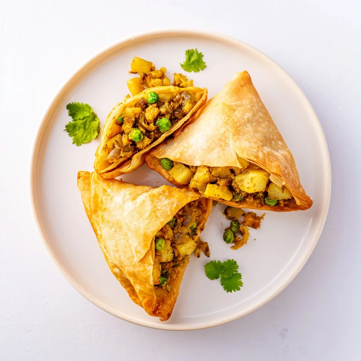 Golden vegetable samosas featuring crispy pastry filled with spiced potatoes and green peas