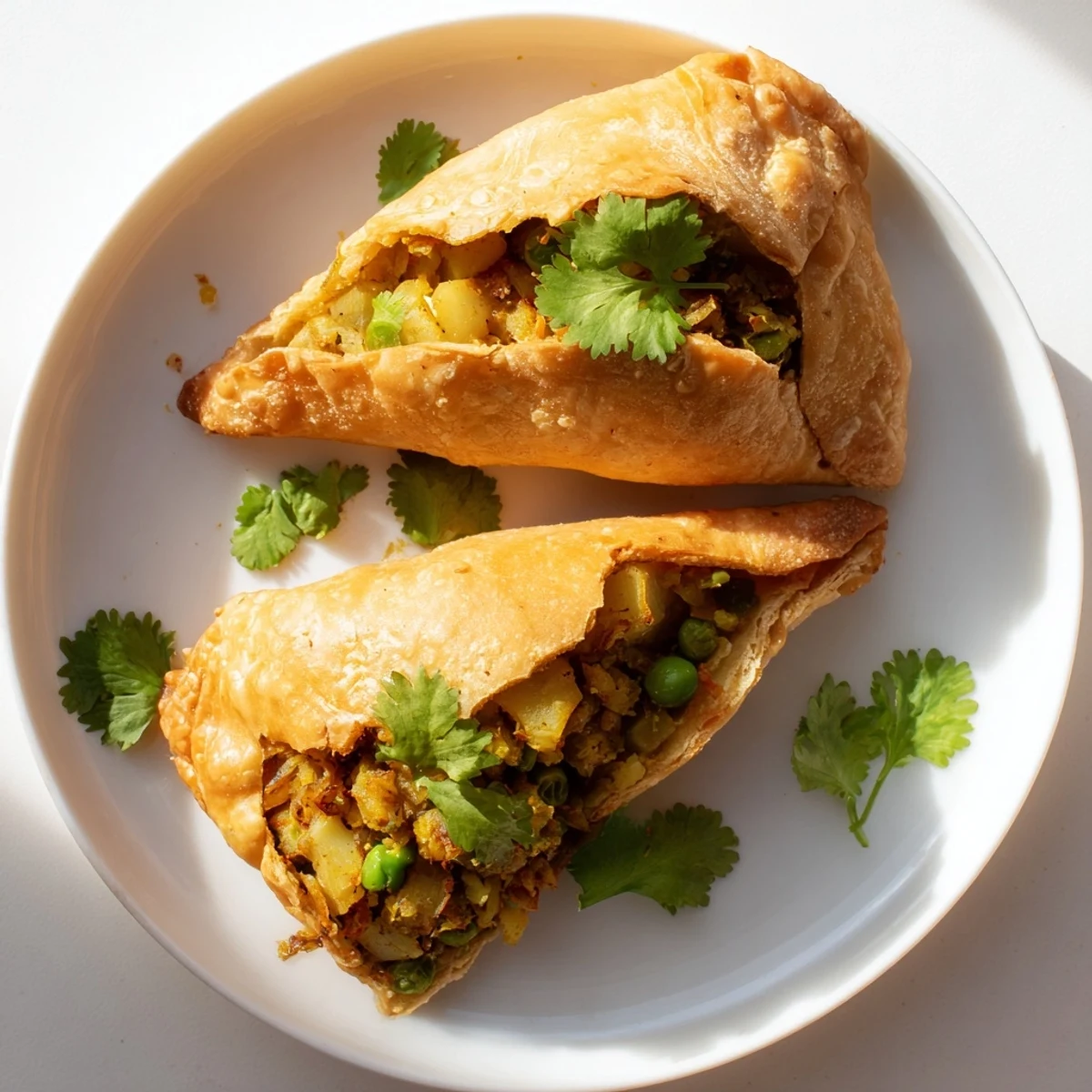 Handheld vegetable samosas with aromatic herb filling arranged on serving platter with chutney