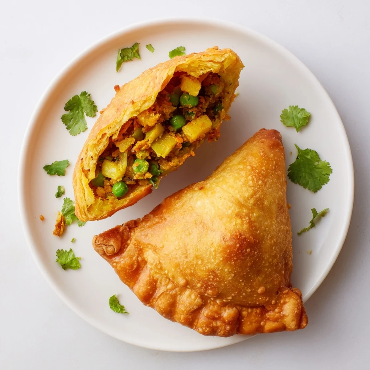 Fried vegetable samosas displaying flaky texture and golden color alongside mint dipping sauce