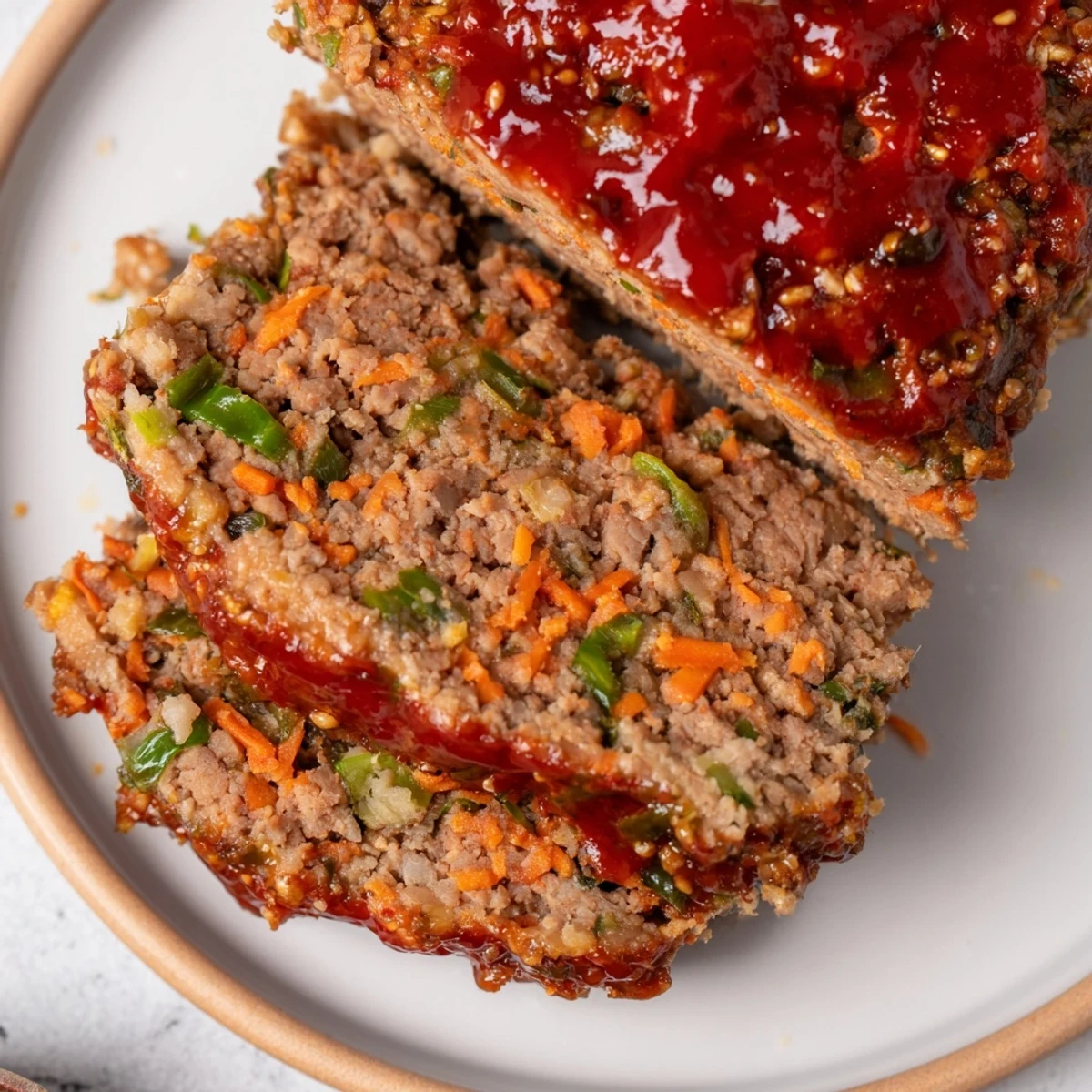 Savory Korean meatloaf sliced thick revealing the juicy interior with red chili glaze brushed on top