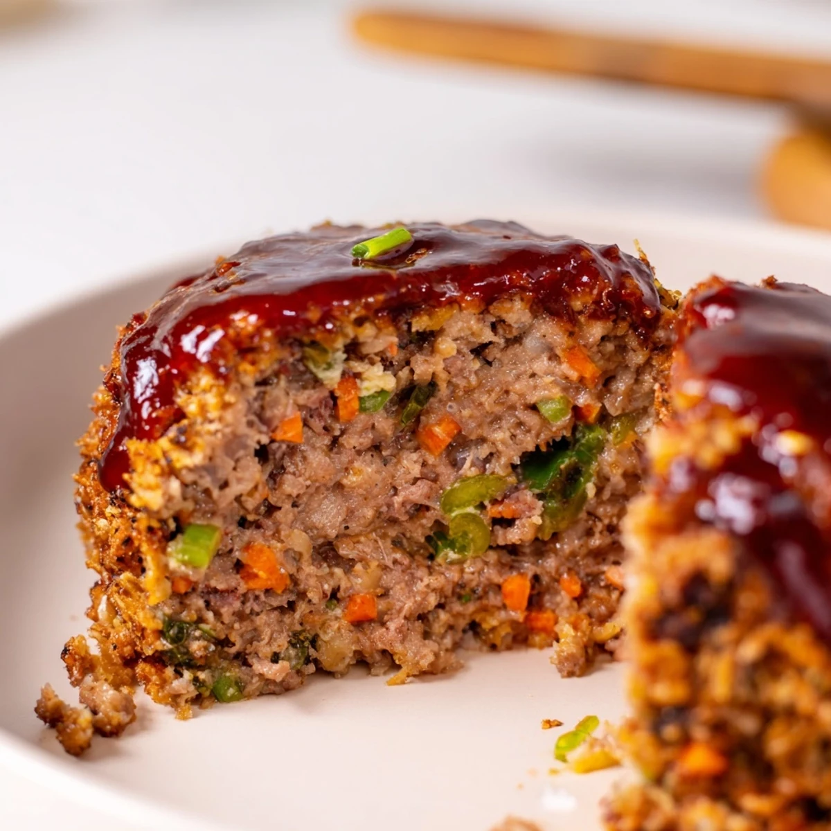 Golden glazed Korean meatloaf with spicy gochujang topping resting on a wooden cutting board