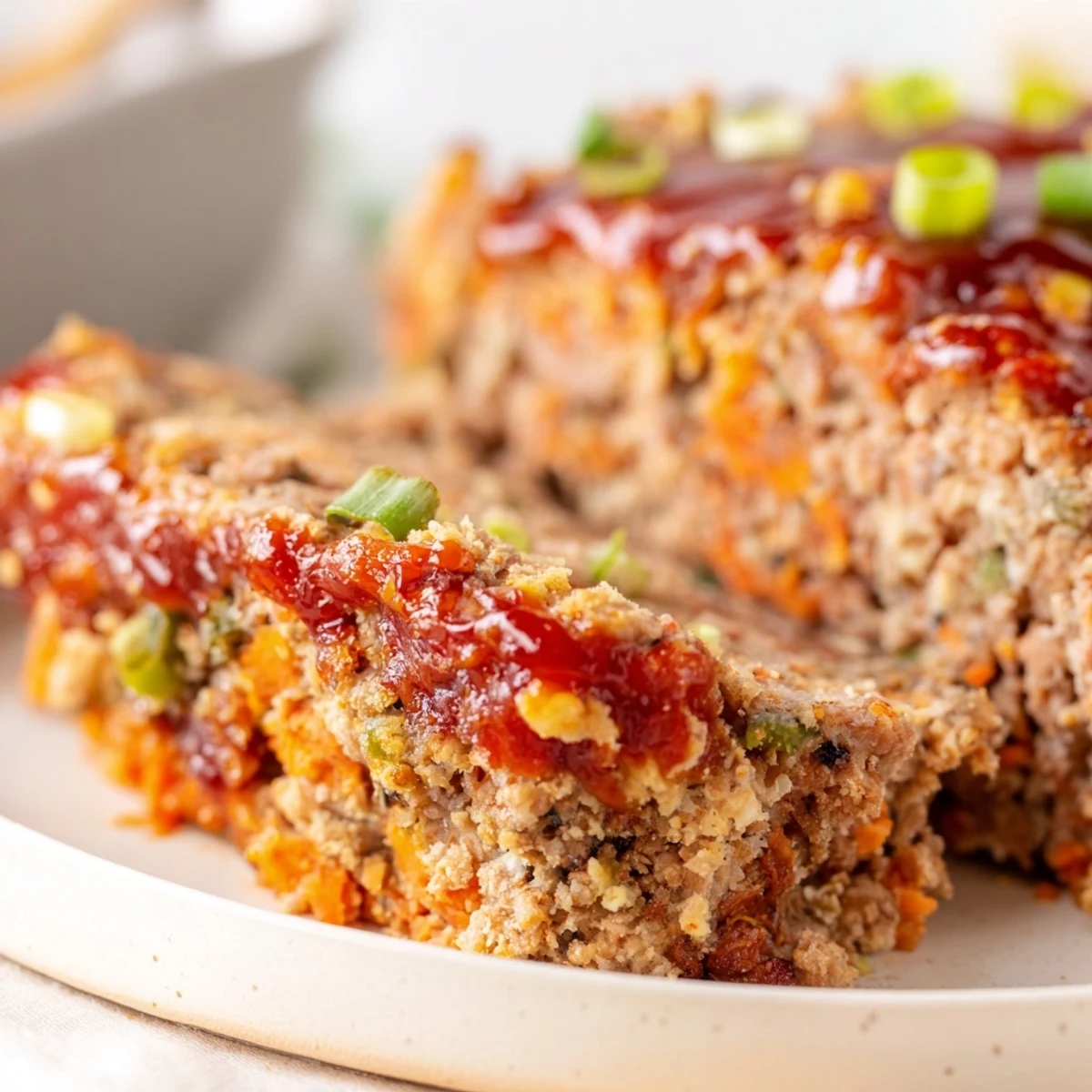 Homemade Korean meatloaf with gochujang glaze served alongside steamed white rice and fresh kimchi