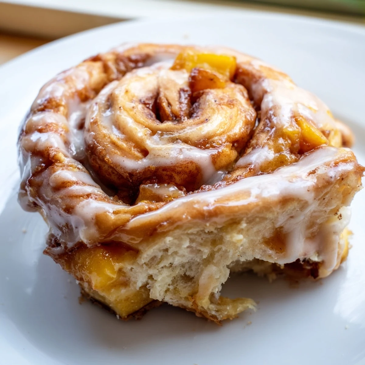 Freshly baked peach pie cinnamon rolls drizzled with white vanilla glaze on a rustic wooden board