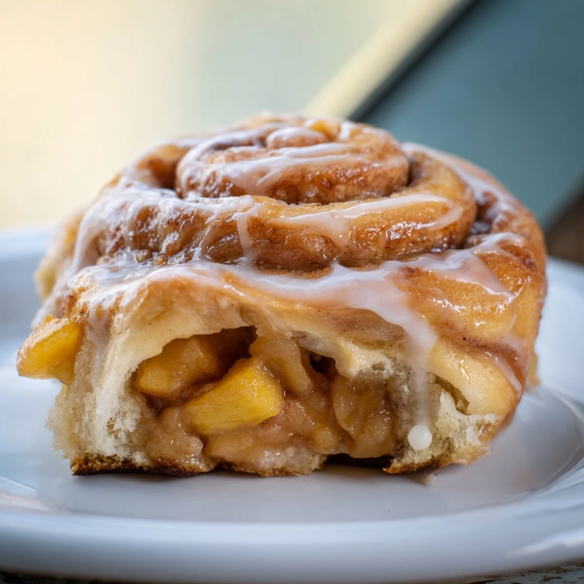 Warm peach pie cinnamon rolls topped with creamy icing and diced peaches on a white plate