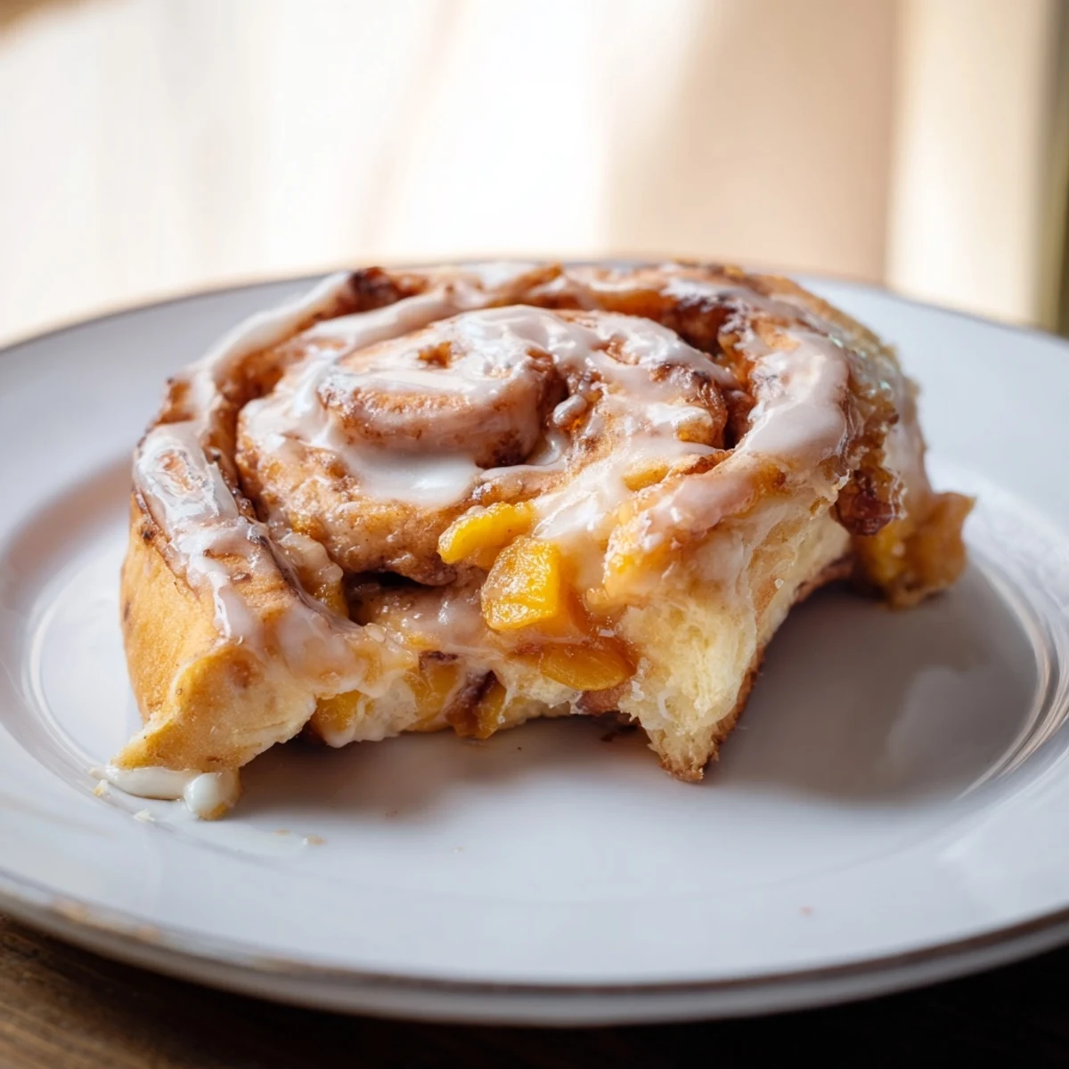 Golden spiral peach pie cinnamon rolls with sweet fruit filling and gooey cinnamon sugar layers