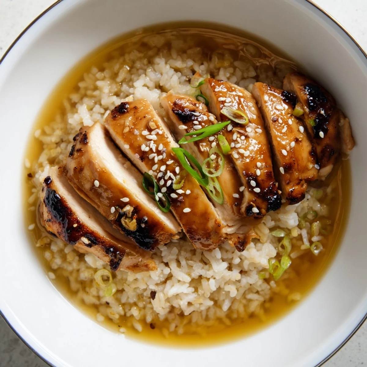 Tender chicken simmered in aromatic garlic ginger broth served atop fluffy jasmine rice with sesame seed garnish