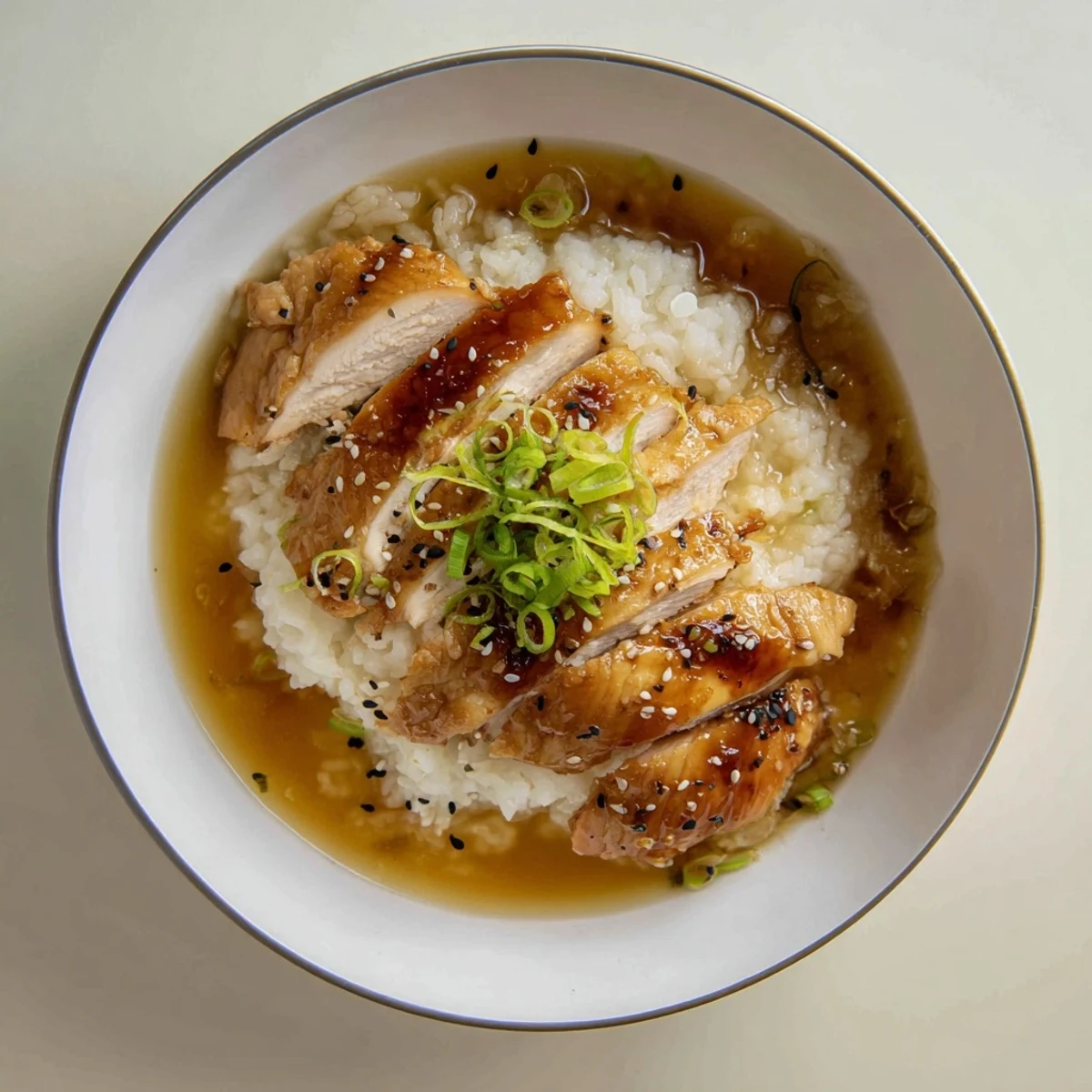 Golden caramelized soy chicken thighs glazed in sweet sauce over steaming white rice in a deep bowl