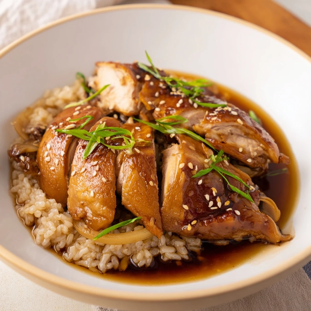 Weeknight dinner bowl featuring glistening caramelized chicken slices immersed in fragrant broth alongside steamed rice