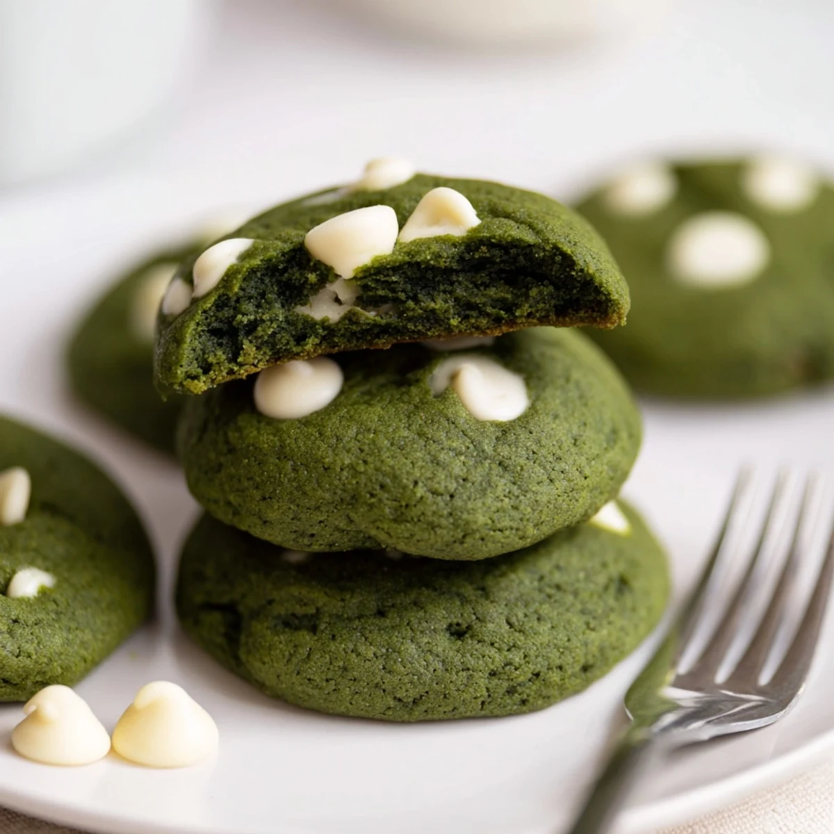 Soft green velvet cookies studded with melted white chocolate chips on a cooling rack