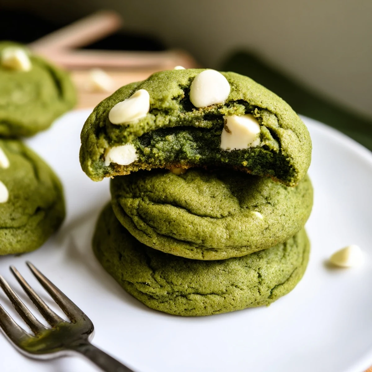 Chewy green velvet cookies with cocoa hints and creamy white chocolate chunks throughout