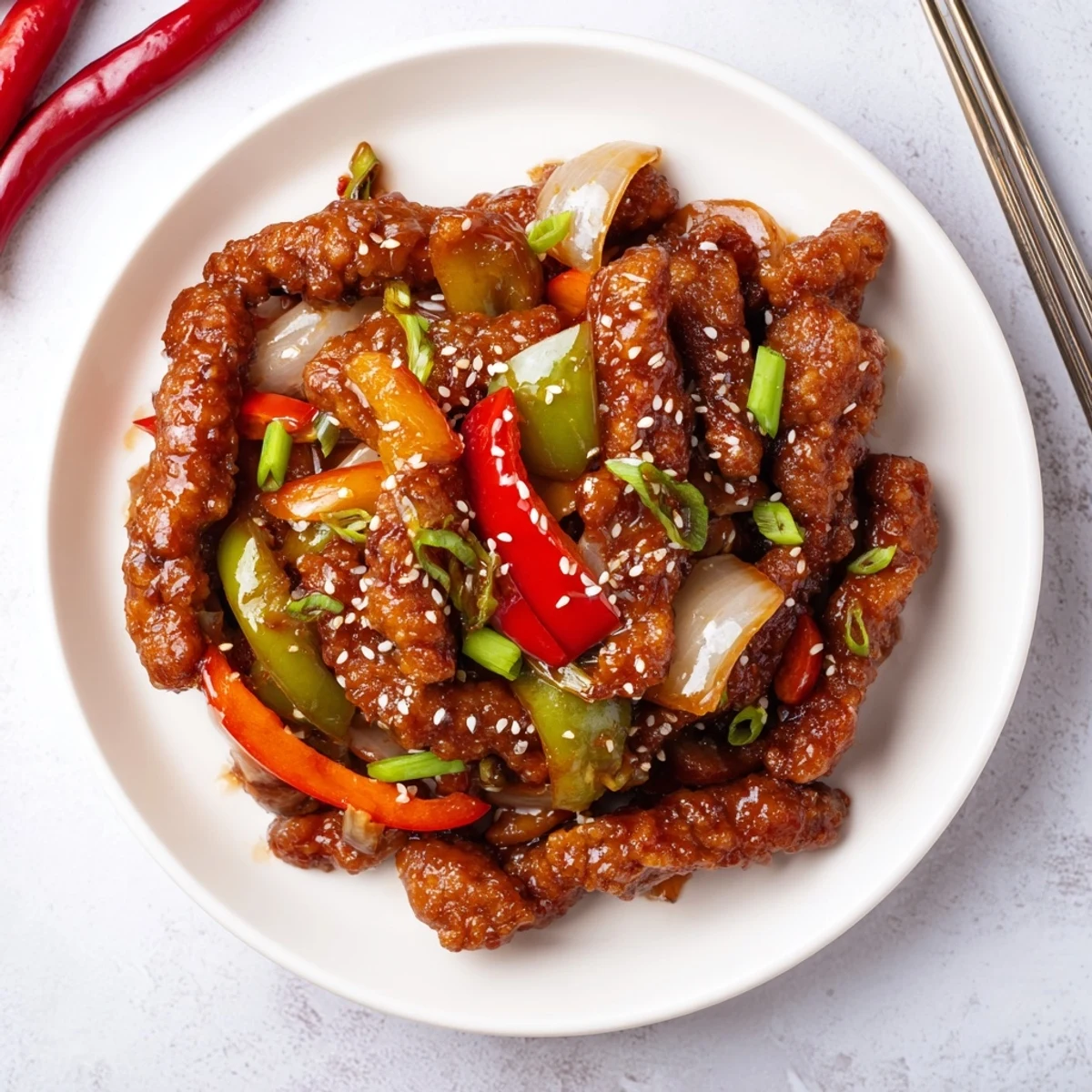 Golden crispy chilli beef tossed in spicy glazed sauce with colorful bell pepper strips