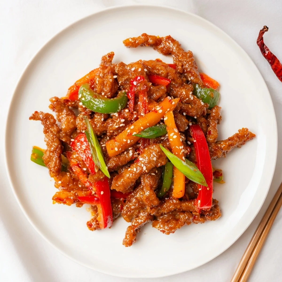 Homemade crispy chilli beef served over steaming white rice with sesame seed garnish