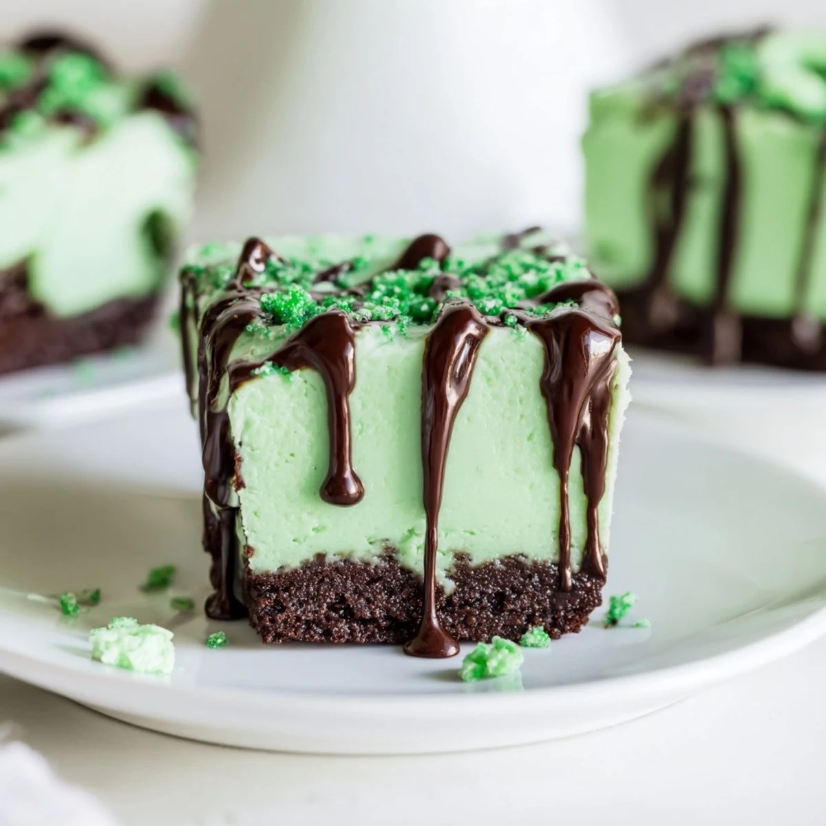 Festive Irish mint cheesecake fudge squares drizzled with dark chocolate and colorful decorations